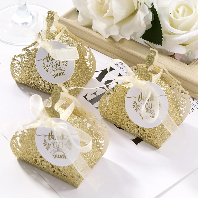 AdasBridal 50 قطعة من صناديق الهدايا الصغيرة من ، صندوق حلوى لامع بالذهب مع بطاقة شكر، نقش عروس، صناديق هدايا الحفلات لحفلة الزفاف، حفلة الكوينس، حفلة عيد الميلاد، حفلة الزفاف، مقطوع بالليزر - Image 5