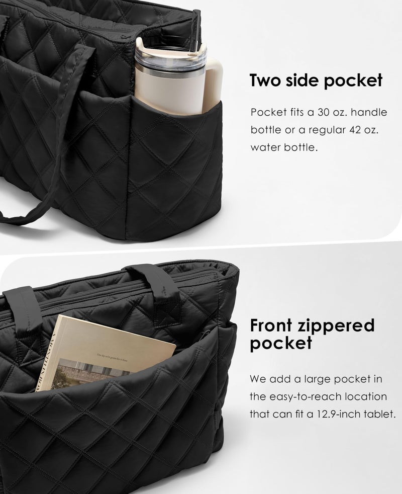 Uselike Tote Bag for Women, Lightweight Puffer Tote Work Bags with Compartments for Travel, Quilted Shoulder Bag with Zipper (Black) - Image 3