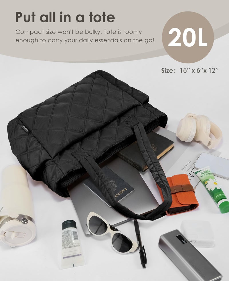 Uselike Tote Bag for Women, Lightweight Puffer Tote Work Bags with Compartments for Travel, Quilted Shoulder Bag with Zipper (Black) - Image 5