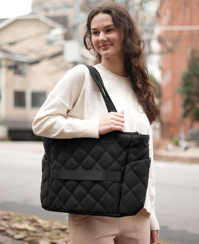 Uselike Tote Bag for Women, Lightweight Puffer Tote Work Bags with Compartments for Travel, Quilted Shoulder Bag with Zipper (Black) - Image 2