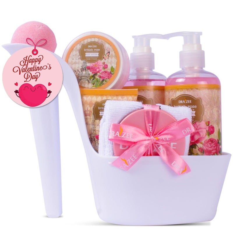 draizee Spa Gift Basket For Women  Luxury British Rose Scented Bath and Body Set of 8Pcs Heel Shoe Spa Basket with Body Lotion Butter Shower Gel Bubble Bath  More  Gift for Her Mom by Draizee