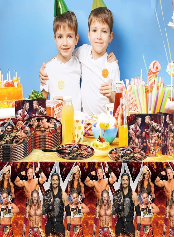 PINUO Wrestling Birthday Party Supplies Set - Wrestling Tableware with Tablecloth, Plates, Napkins & Forks for Kids Wrestling Party Decorations - Image 4