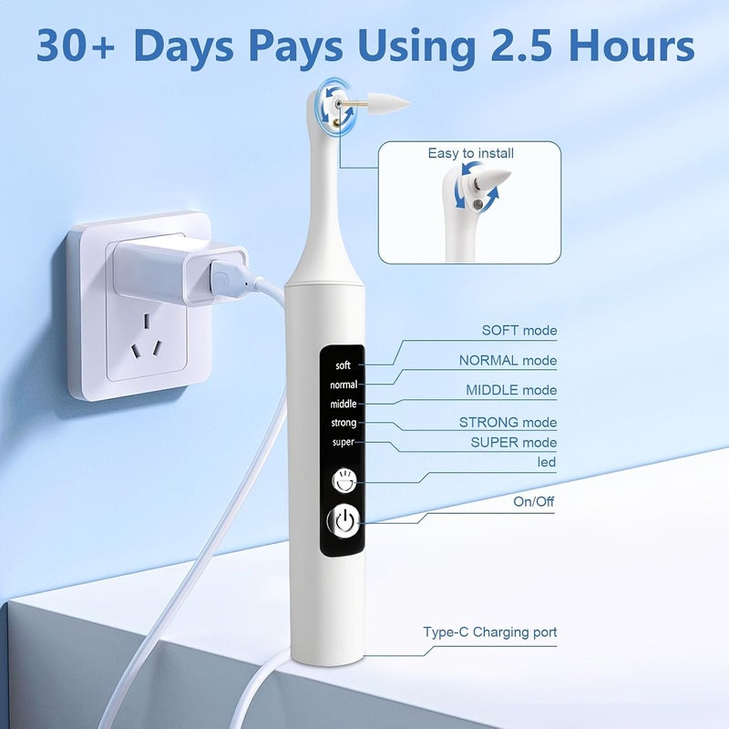 White Teeth Polisher Toothbrush Set 6 Brush Heads 5 Speed Modes USB Rechargeable Oral Cleaner with LED Light for Daily Home Use - Image 4