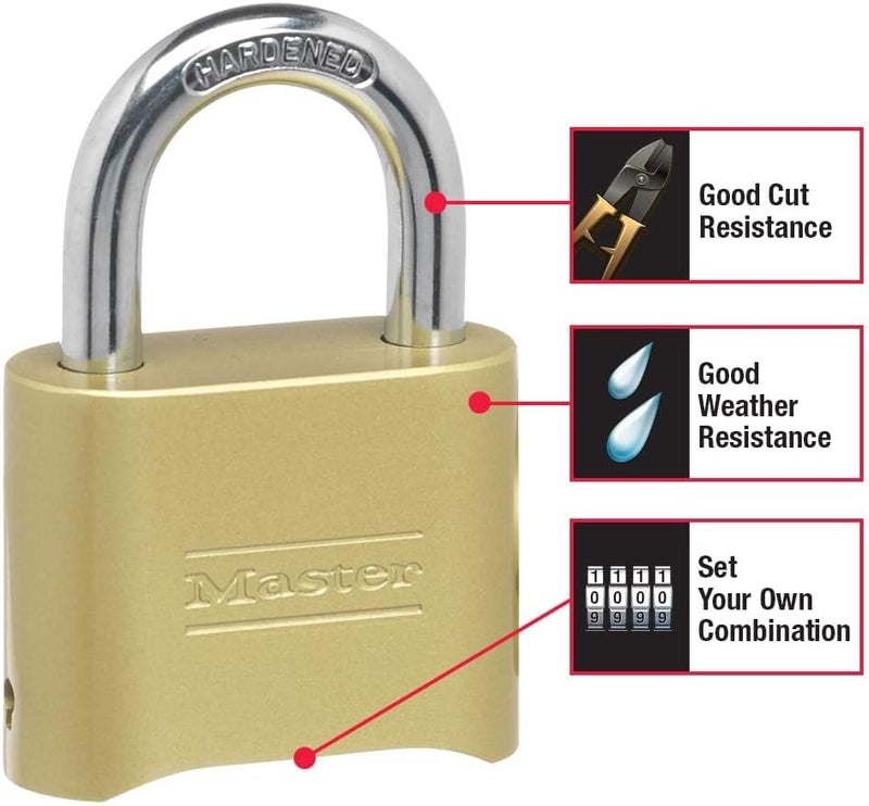 Master Lock Brass Combination Padlock - Resettable for Gym Locker, Gate, Fence, or Shed Lock, Model 175D - Image 2