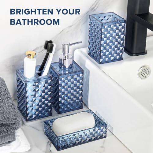 RYTOXILO Bathroom Accessories Set, 4 Pack Blue Acrylic Bath Accessory Sets Complete, Diamond Soap Dispenser and Toothbrush Holder Bathroom Counter Sink Set, Boho Modern Bathroom Decor - Image 5