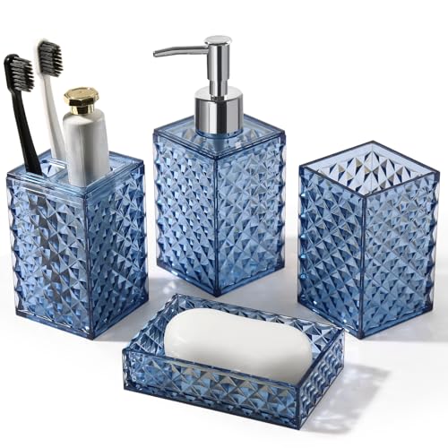 RYTOXILO Bathroom Accessories Set, 4 Pack Blue Acrylic Bath Accessory Sets Complete, Diamond Soap Dispenser and Toothbrush Holder Bathroom Counter Sink Set, Boho Modern Bathroom Decor - Image 1