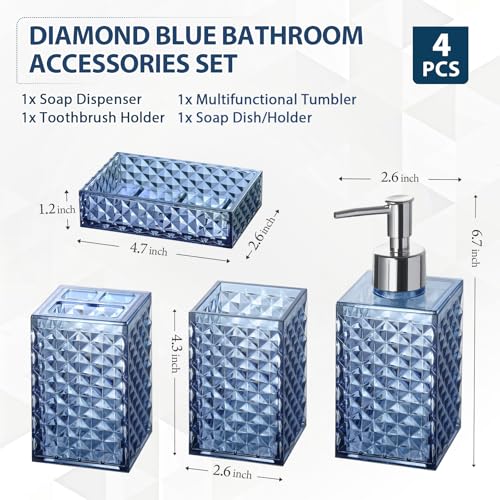 RYTOXILO Bathroom Accessories Set, 4 Pack Blue Acrylic Bath Accessory Sets Complete, Diamond Soap Dispenser and Toothbrush Holder Bathroom Counter Sink Set, Boho Modern Bathroom Decor - Image 2