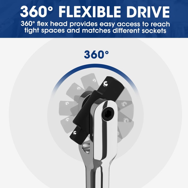 WORKPRO Dual Drive Breaker Bar, 3/8" & 1/2" Drive, Heavy Duty Breaker Bars, 16-inch Length with 360 Rotatable Head, Spring-loaded Detent Ball, Chrome Vanadium Steel Made - Image 4