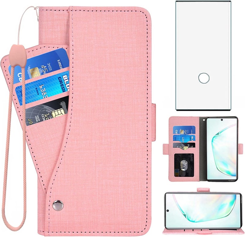 Asuwish Compatible With Samsung Galaxy Note 10 Glaxay Note10 5G Wallet Case Tempered Glass Screen Protector And Flip Cover Card Holder Cell Phone Cases For Gaxaly Notes 10S Ten Not S10 Women Men Pink - Image 1