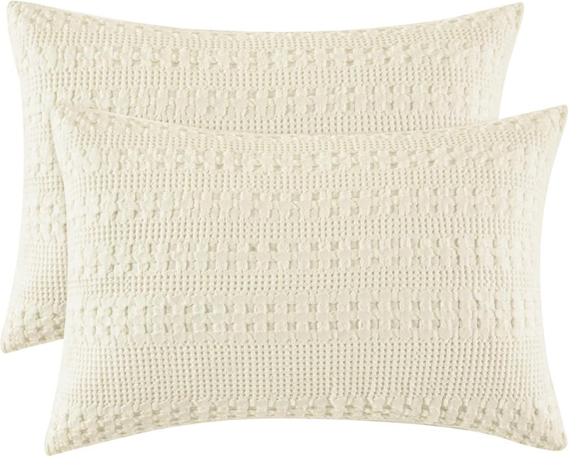 PHF 2 Piece Queen Cotton Waffle Weave Pillow Shams, Soft Breathable Woven Pillowcases, 50 cm x 75 cm, No Insert, Canmoli Cream - Image 1