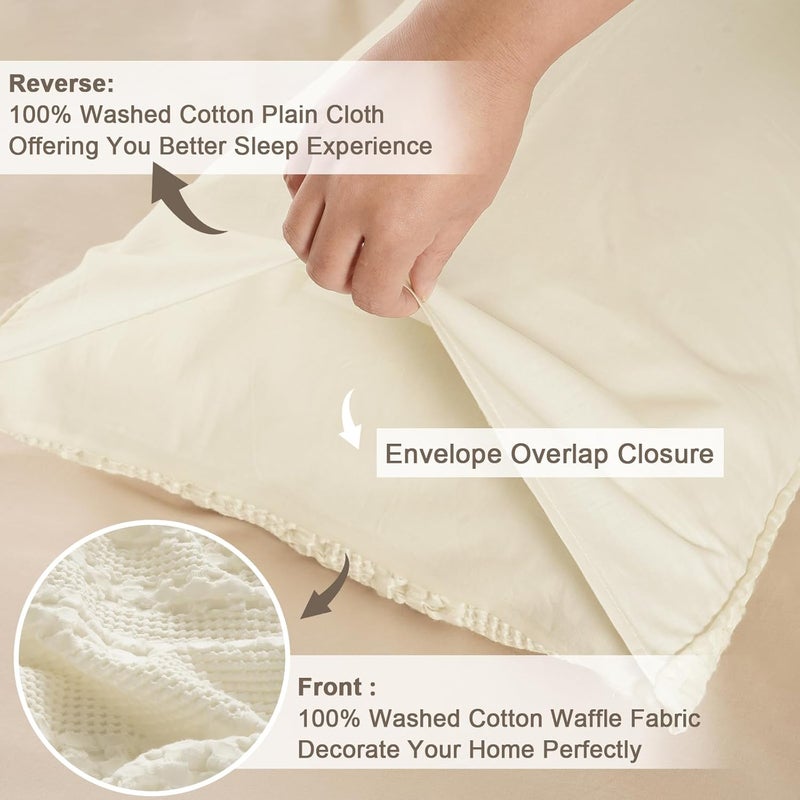 PHF 2 Piece Queen Cotton Waffle Weave Pillow Shams, Soft Breathable Woven Pillowcases, 50 cm x 75 cm, No Insert, Canmoli Cream - Image 4