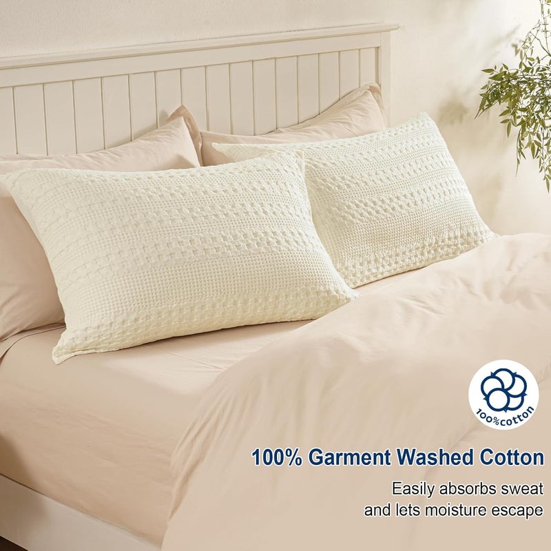 PHF 2 Piece Queen Cotton Waffle Weave Pillow Shams, Soft Breathable Woven Pillowcases, 50 cm x 75 cm, No Insert, Canmoli Cream - Image 2