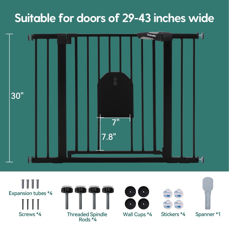 Babelio Auto Close Baby Gate with Cat Door,29-43" Metal Gate for Doorway,Stairs, House,Easy Walk Thru with Pet Door,Includes 4 Wall Cups and 3 Extension Pieces,Black - Image 5