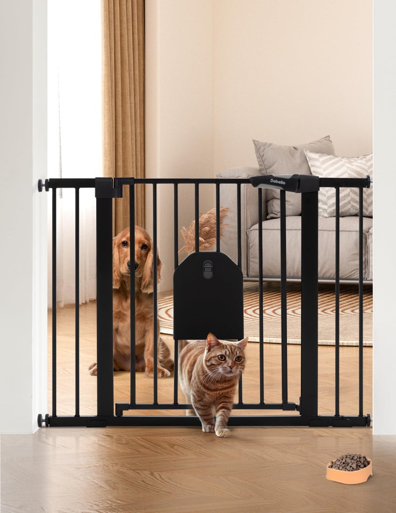 Babelio Auto Close Baby Gate with Cat Door,29-43" Metal Gate for Doorway,Stairs, House,Easy Walk Thru with Pet Door,Includes 4 Wall Cups and 3 Extension Pieces,Black - Image 1