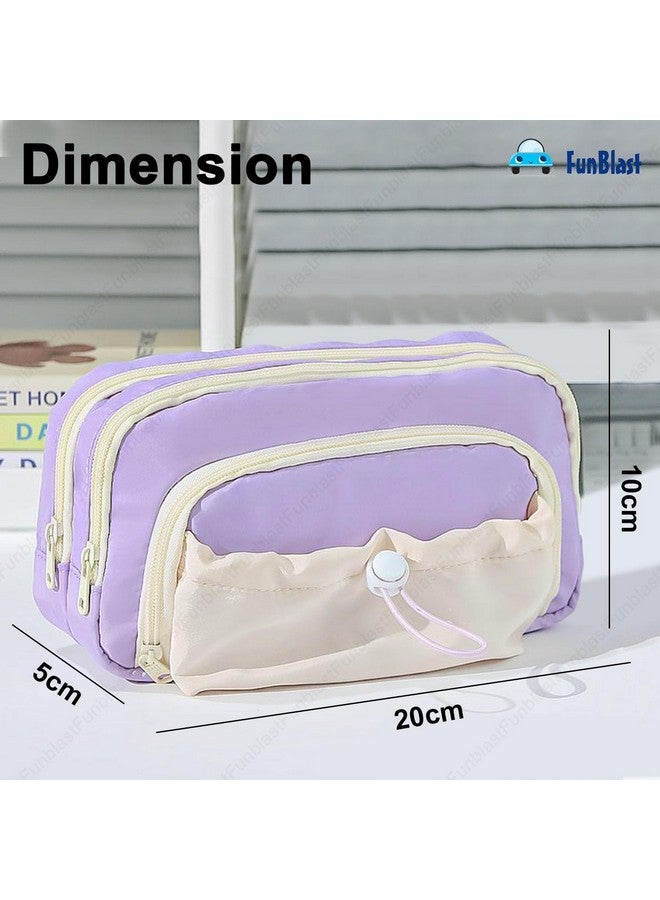 FunBlast Pencil Pouch for Girls - Multiple Compartment Zipper Pouch with Drawstring Pocket, Aesthetic Pouch for Girls, Kawaii Pencil Case, Cute Pouches for Girls, Return Gift for Kids (Purple) - Image 3