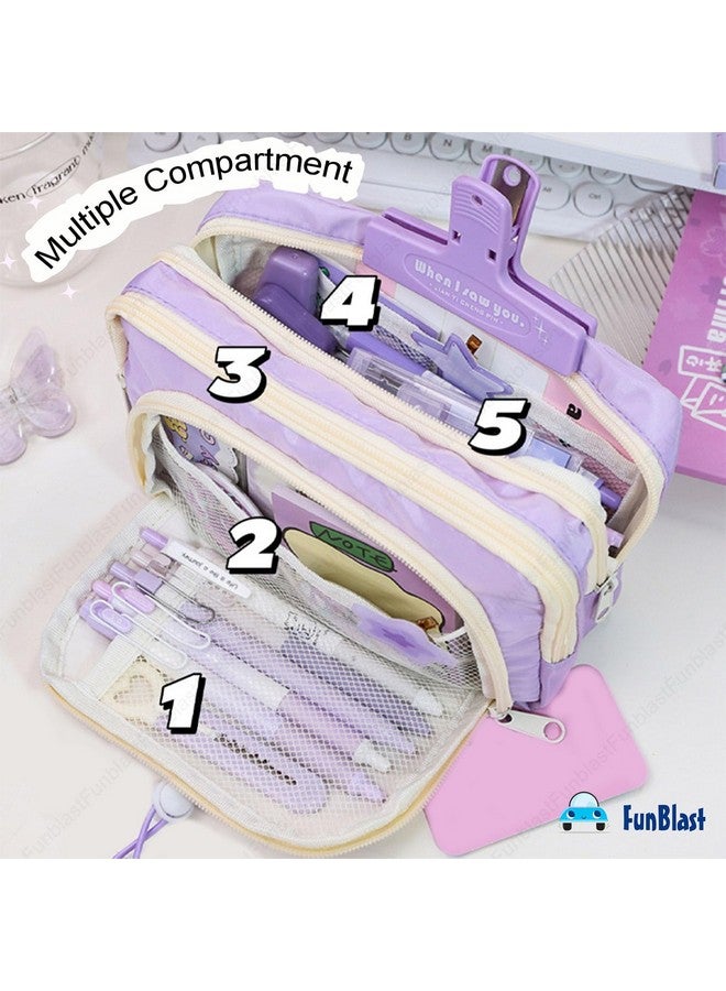 FunBlast Pencil Pouch for Girls - Multiple Compartment Zipper Pouch with Drawstring Pocket, Aesthetic Pouch for Girls, Kawaii Pencil Case, Cute Pouches for Girls, Return Gift for Kids (Purple) - Image 4