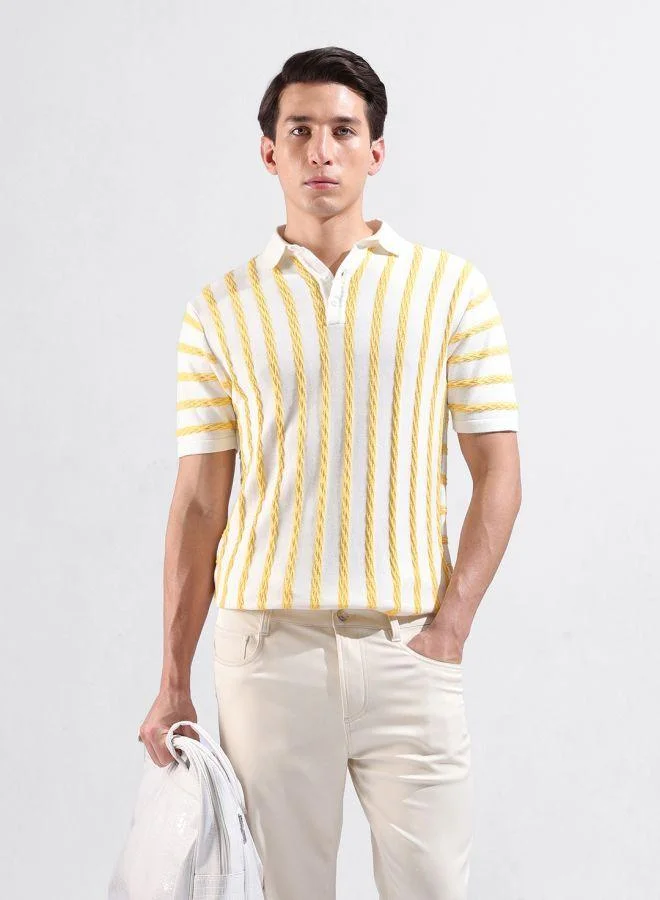 The Indian Garage Co Men Slim Fit Textured Polo Neck Half Sleeves T-Shirt