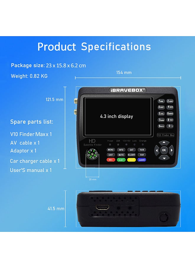 iBravebox - iBRAVEBOX V10 Finder Max HD Satellite TV Signal Finder DVB-S/S2/S2X Digital Handheld Signal Meter Satellite Finder H.265 4.3Inch LCD - Image 1