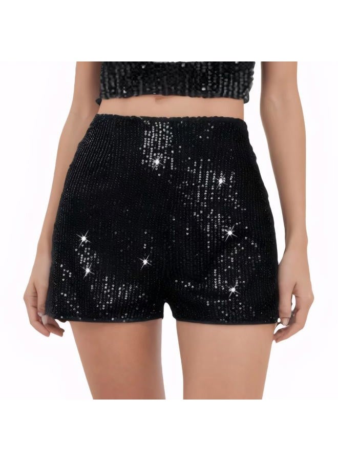 Women's Sequin Sparkle Elastic High Waist A Line Party Concert Shorts, Black, XXS - Image 1