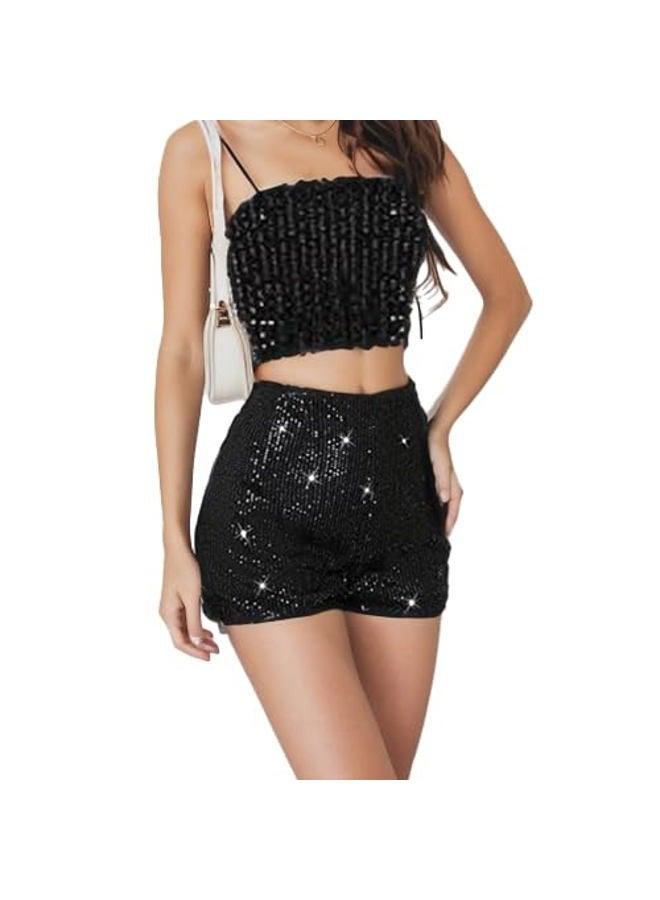 Women's Sequin Sparkle Elastic High Waist A Line Party Concert Shorts, Black, XXS - Image 5