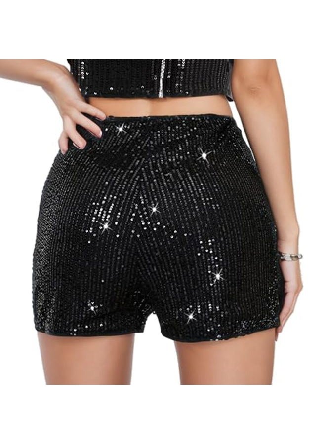 Women's Sequin Sparkle Elastic High Waist A Line Party Concert Shorts, Black, XXS - Image 2