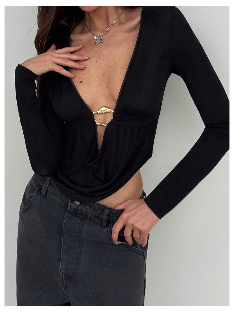 MakeMeChic Women's Y2k Deep V Neck Top Asymmetrical Cowl Neck Long Sleeve Going Out Tops T Shirt Black Small - Image 2