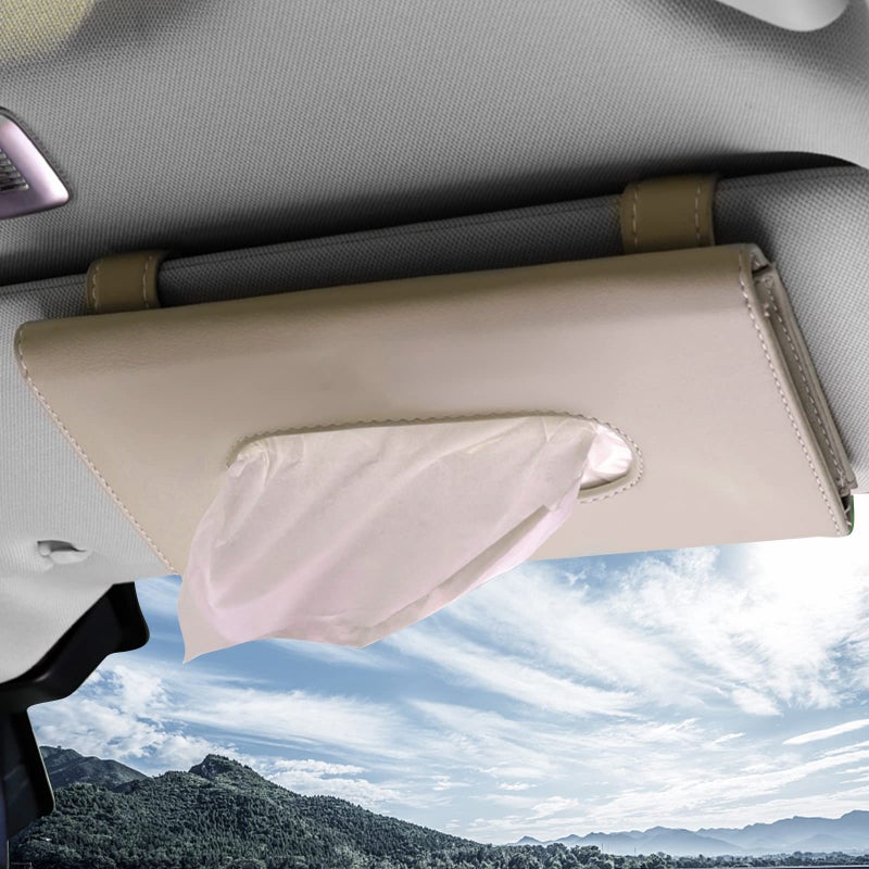 Premium Universal Khaki PU Leather Car Sun Visor Tissue Paper Mask Holder Storage Box Cases Holder for Car, Mask Dispenser for Car, Car Tissue Napkin Holder Box for car, Hanging Tissue Clip