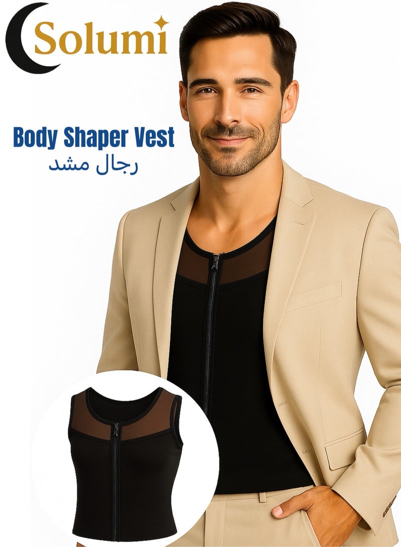 Solumi Body Shaper for Men – Slimming Undershirt for Thobe, Tummy & Waist Compression Vest with Zipper, Posture Corrector Tank Top (Black, L) - Image 1