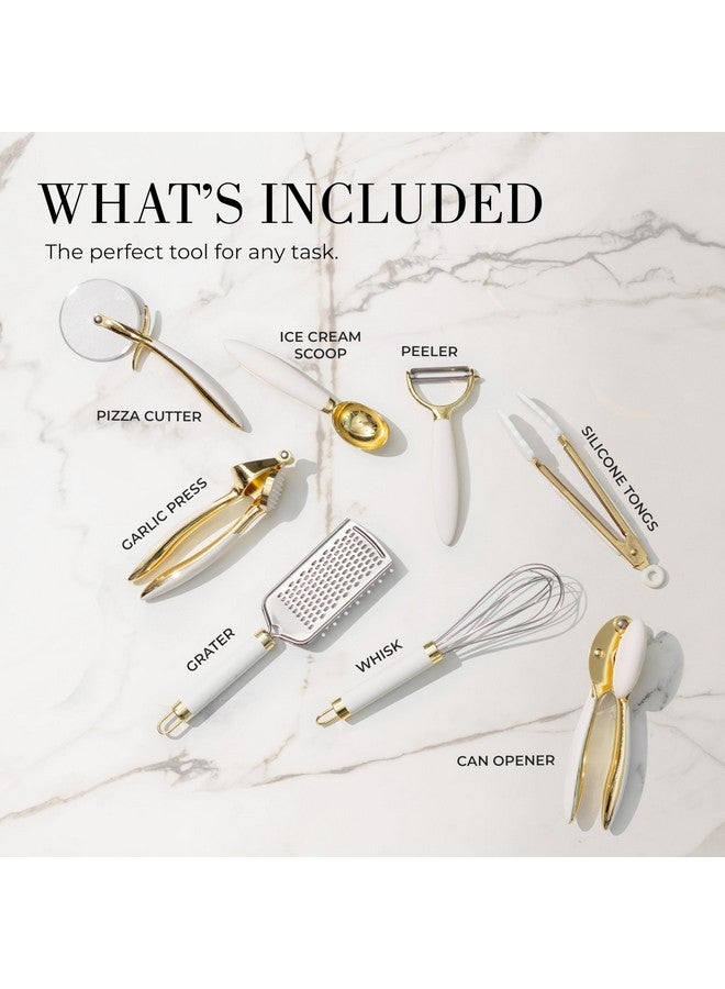 styled settings White & Gold Cooking Utensils Set - Luxe 8-Piece Kitchen Gadget Set Includes Can Opener, Tongs and Garlic Press - Stylish White and Gold Kitchen Accessories for Modern Kitchens, Ideal for Gifting - Image 2