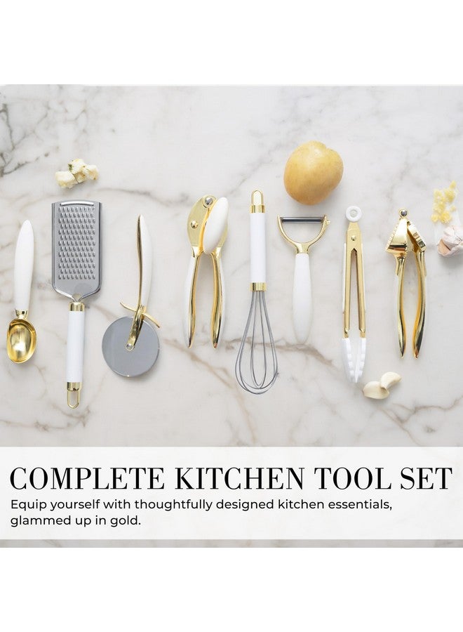 styled settings White & Gold Cooking Utensils Set - Luxe 8-Piece Kitchen Gadget Set Includes Can Opener, Tongs and Garlic Press - Stylish White and Gold Kitchen Accessories for Modern Kitchens, Ideal for Gifting - Image 4