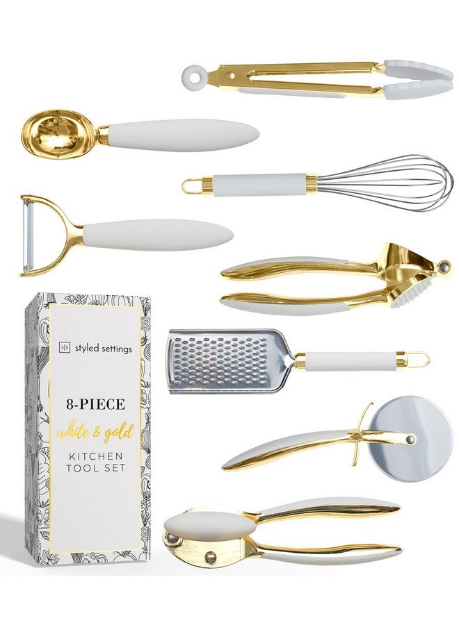 styled settings White & Gold Cooking Utensils Set - Luxe 8-Piece Kitchen Gadget Set Includes Can Opener, Tongs and Garlic Press - Stylish White and Gold Kitchen Accessories for Modern Kitchens, Ideal for Gifting - Image 1
