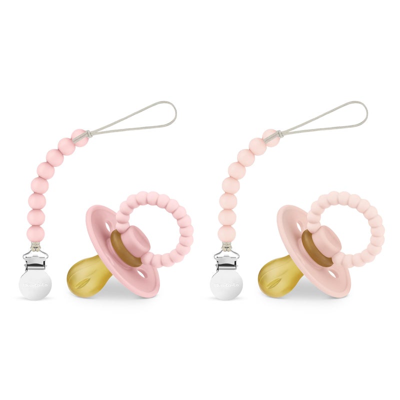 Bleu La La Luladream Pacifier and Clip Set - Natural Rubber Nipple - Soft Teething Handle - for Infants Baby's and Toddlers, 0-18 Months (Blush Pink + Rose Petal + Clips) - Image 1