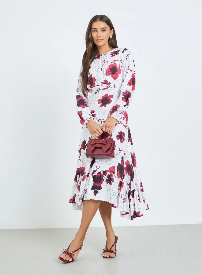 White Floral Midi Dress with Long Sleeves