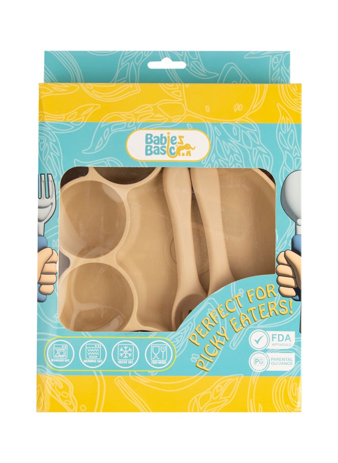 Babies Basic Feeding Set, 3 Piece,Bear Paw Silicone Set For Self Feeding, Silicone Suction Plate With Silicone Spoon And Fork- Beige  - Image 5