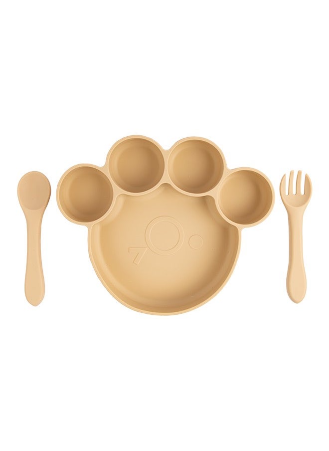 Babies Basic Feeding Set, 3 Piece,Bear Paw Silicone Set For Self Feeding, Silicone Suction Plate With Silicone Spoon And Fork- Beige  - Image 1