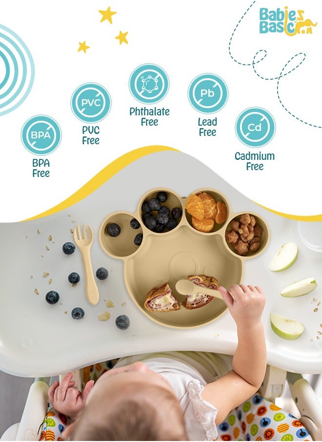 Babies Basic Feeding Set, 3 Piece,Bear Paw Silicone Set For Self Feeding, Silicone Suction Plate With Silicone Spoon And Fork- Beige  - Image 3