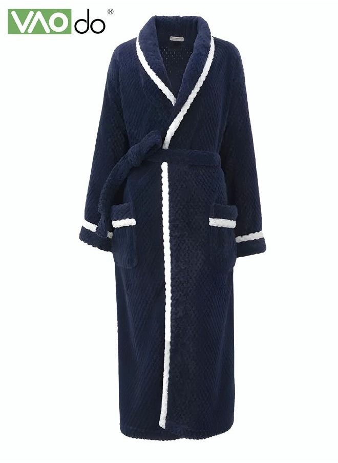 Men's Coral Fleece Bathrobes Thickened Nightgowns Skin-Friendly Material Homewear Navy Blue
