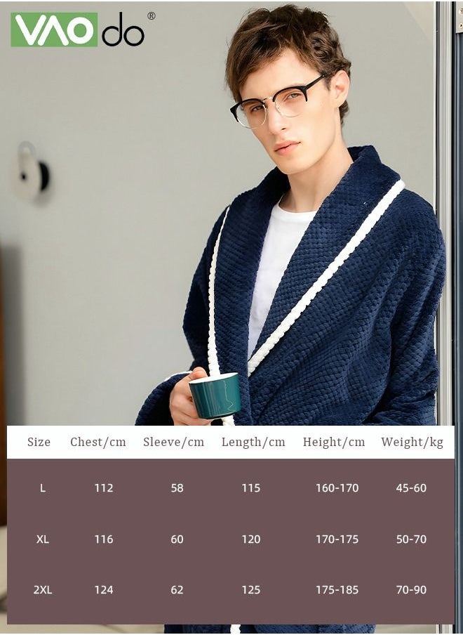 Men's Coral Fleece Bathrobes Thickened Nightgowns Skin-Friendly Material Homewear Navy Blue