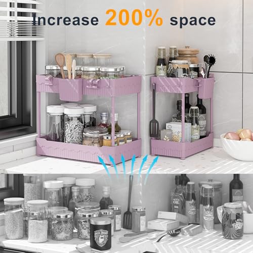 Sevenblue 2 Pack Under Sink Organizer Under Bathroom Cabinet Organizer with Hooks Hanging Cup MultiPurpose Storage Shelf for Kitchen Bathroom Pink 128 Inch - Image 3