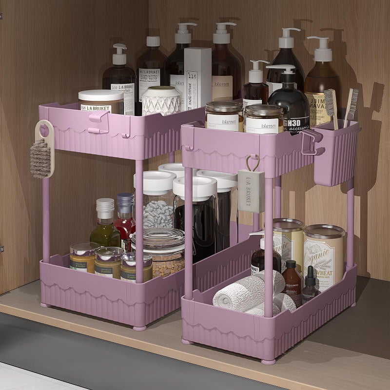 Sevenblue 2 Pack Under Sink Organizer Under Bathroom Cabinet Organizer with Hooks Hanging Cup MultiPurpose Storage Shelf for Kitchen Bathroom Pink 128 Inch - Image 2