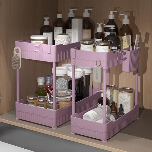 Sevenblue 2 Pack Under Sink Organizer Under Bathroom Cabinet Organizer with Hooks Hanging Cup MultiPurpose Storage Shelf for Kitchen Bathroom Pink 128 Inch - Image 1