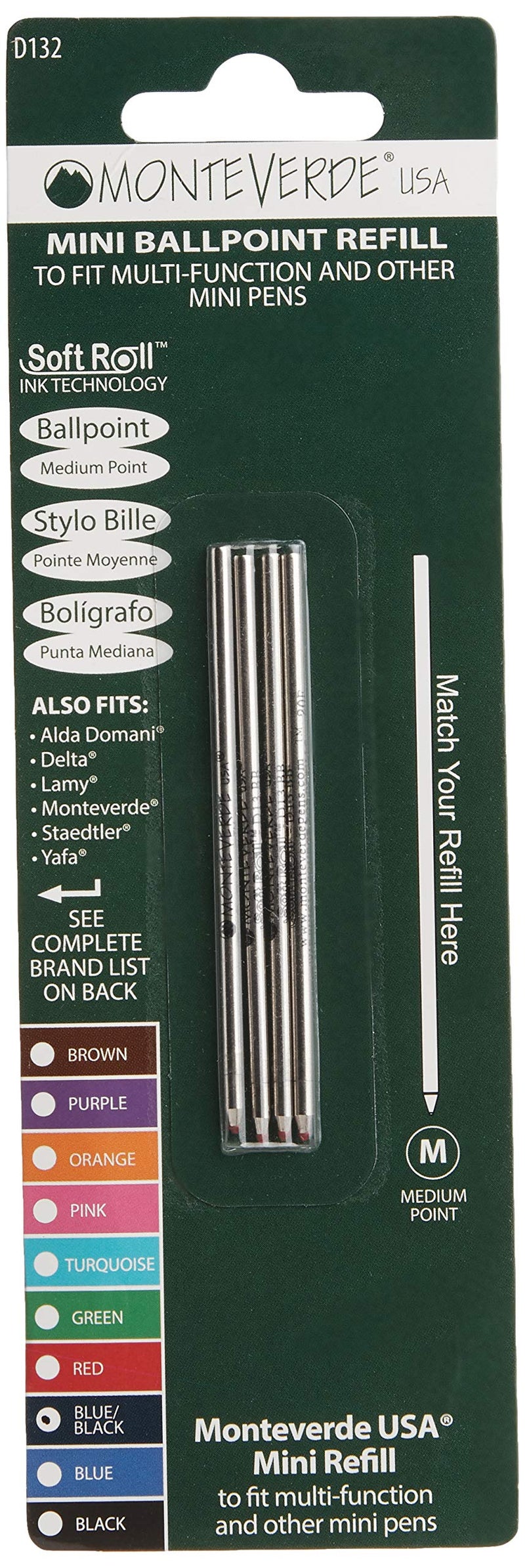Monteverde إعادة تعبئة قلم مونتيفيردي لتناسب الأقلام الصغيرة والمتعددة الوظائف، نقطة متوسطة، رول ناعم، أزرق/أسود، 4 في العبوة (D132BB) - Image 2