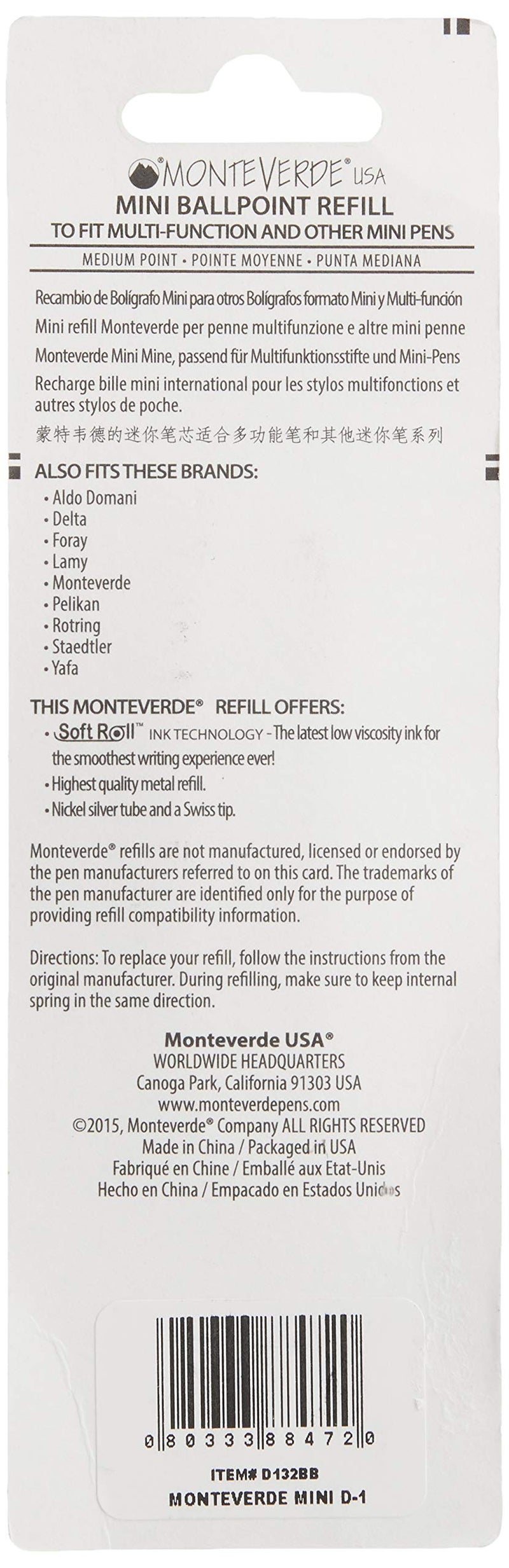 Monteverde إعادة تعبئة قلم مونتيفيردي لتناسب الأقلام الصغيرة والمتعددة الوظائف، نقطة متوسطة، رول ناعم، أزرق/أسود، 4 في العبوة (D132BB) - Image 3