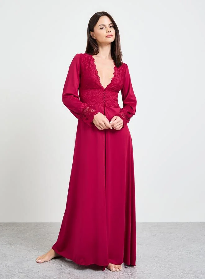 تايك تو Burgundy Long Sleeve Lace Robe