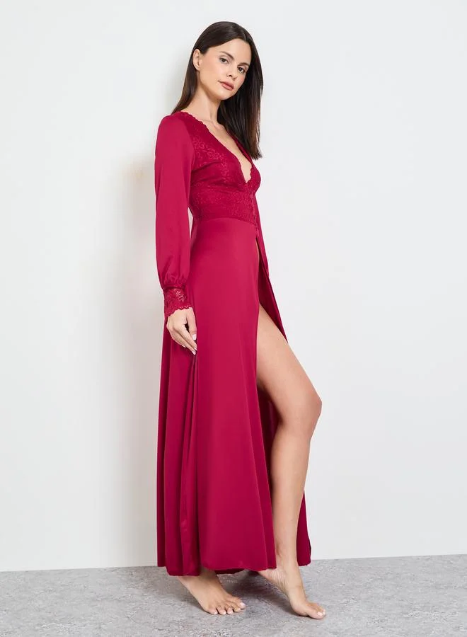 تايك تو Burgundy Long Sleeve Lace Robe