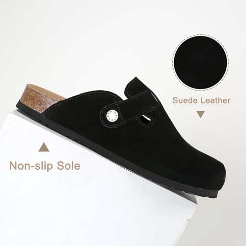 Dumalum Clogs for Women Mens Suede Leather Slip on Shoes Cork Footbed Mules Sandals with Arch Support Unisex Slippers Black - Image 4