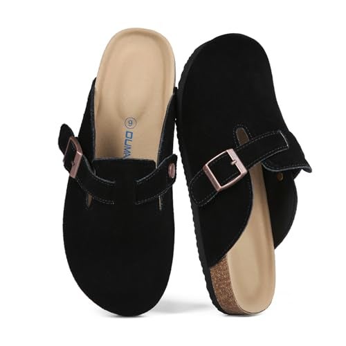 Dumalum Clogs for Women Mens Suede Leather Slip on Shoes Cork Footbed Mules Sandals with Arch Support Unisex Slippers Black - Image 1