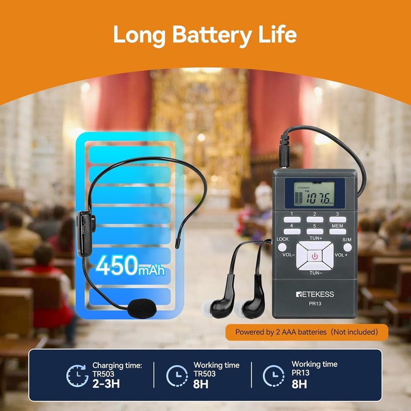 Retekess Church Translation System with 1 TR503 FM Transmitter Headset and 10 PR13 FM Radio Receivers, Listening System for Factory Museum School Church (1 Transmitter 10 Receivers) - Image 4