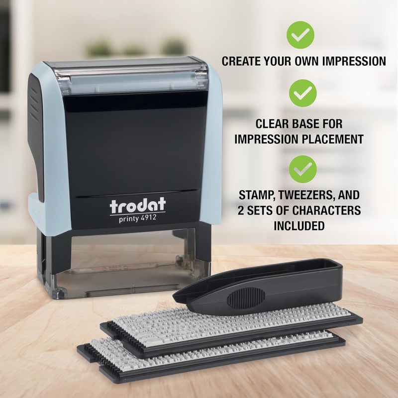 Trodat طقم ختم مخصص ذاتي الحبر Printy 4912 افعلها بنفسك (DIY) 4 خطوط برسالة أو عنوان مخصص مع حبر أسود، حجم الانطباع: 3/4” × 1-7/8” بوصة (أزرق) - Image 2