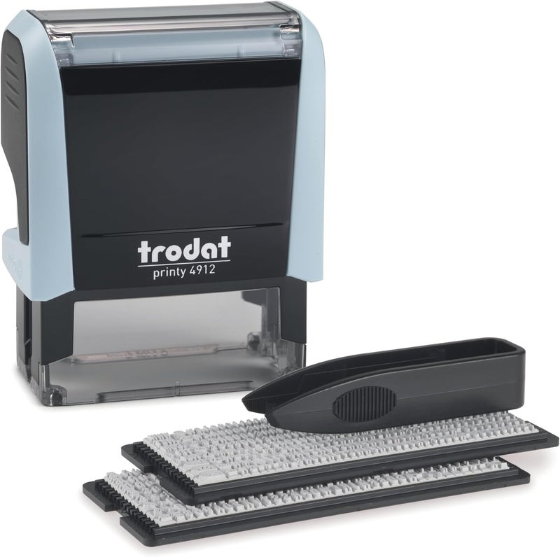 Trodat طقم ختم مخصص ذاتي الحبر Printy 4912 افعلها بنفسك (DIY) 4 خطوط برسالة أو عنوان مخصص مع حبر أسود، حجم الانطباع: 3/4” × 1-7/8” بوصة (أزرق) - Image 1